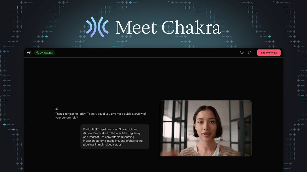 Title card from HackerRank's official Chakra demo video showing the AI interviewer's interface with a live interview session