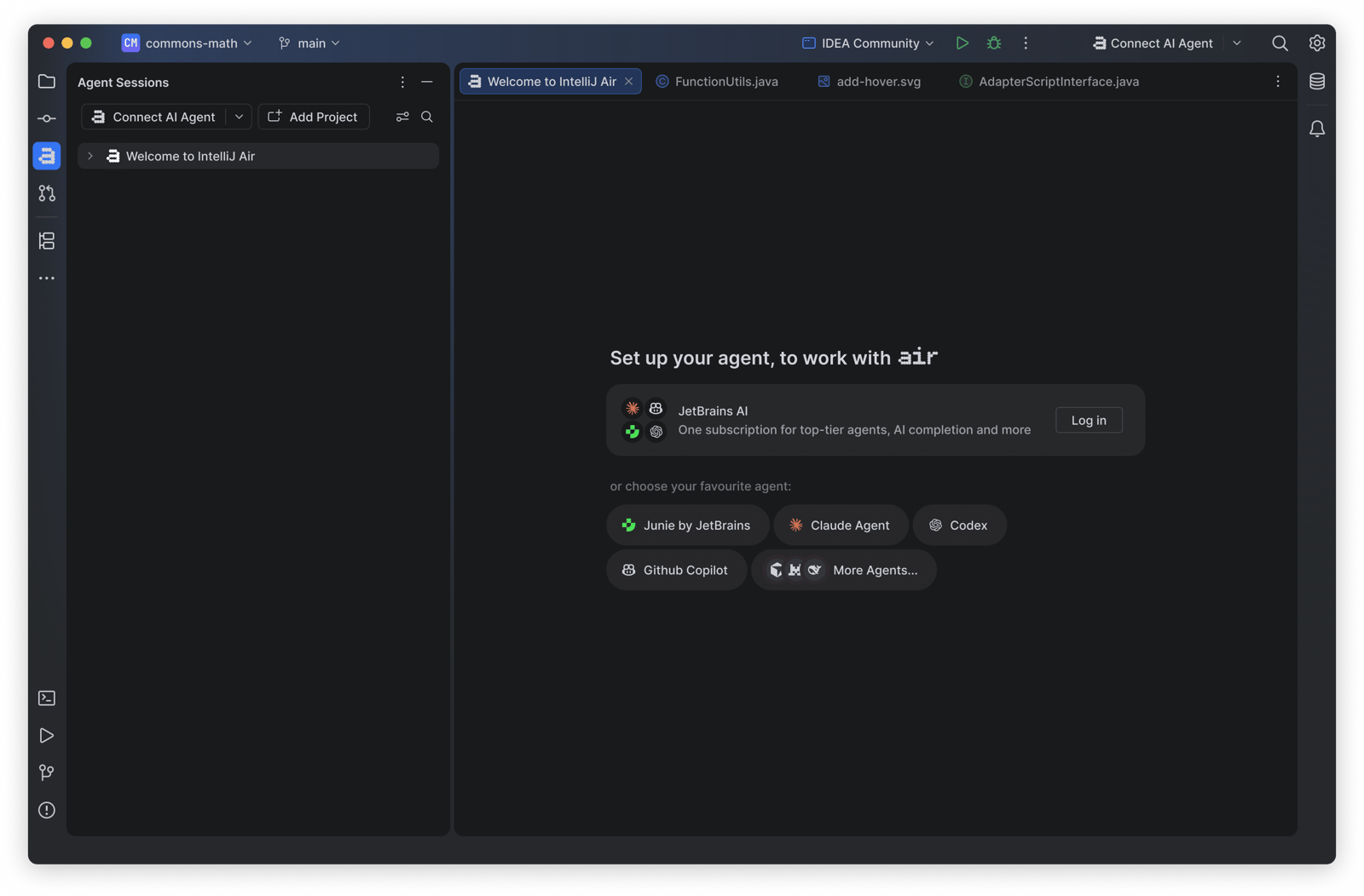 Screenshot of the JetBrains Air plugin running parallel agent sessions inside a JetBrains IDE