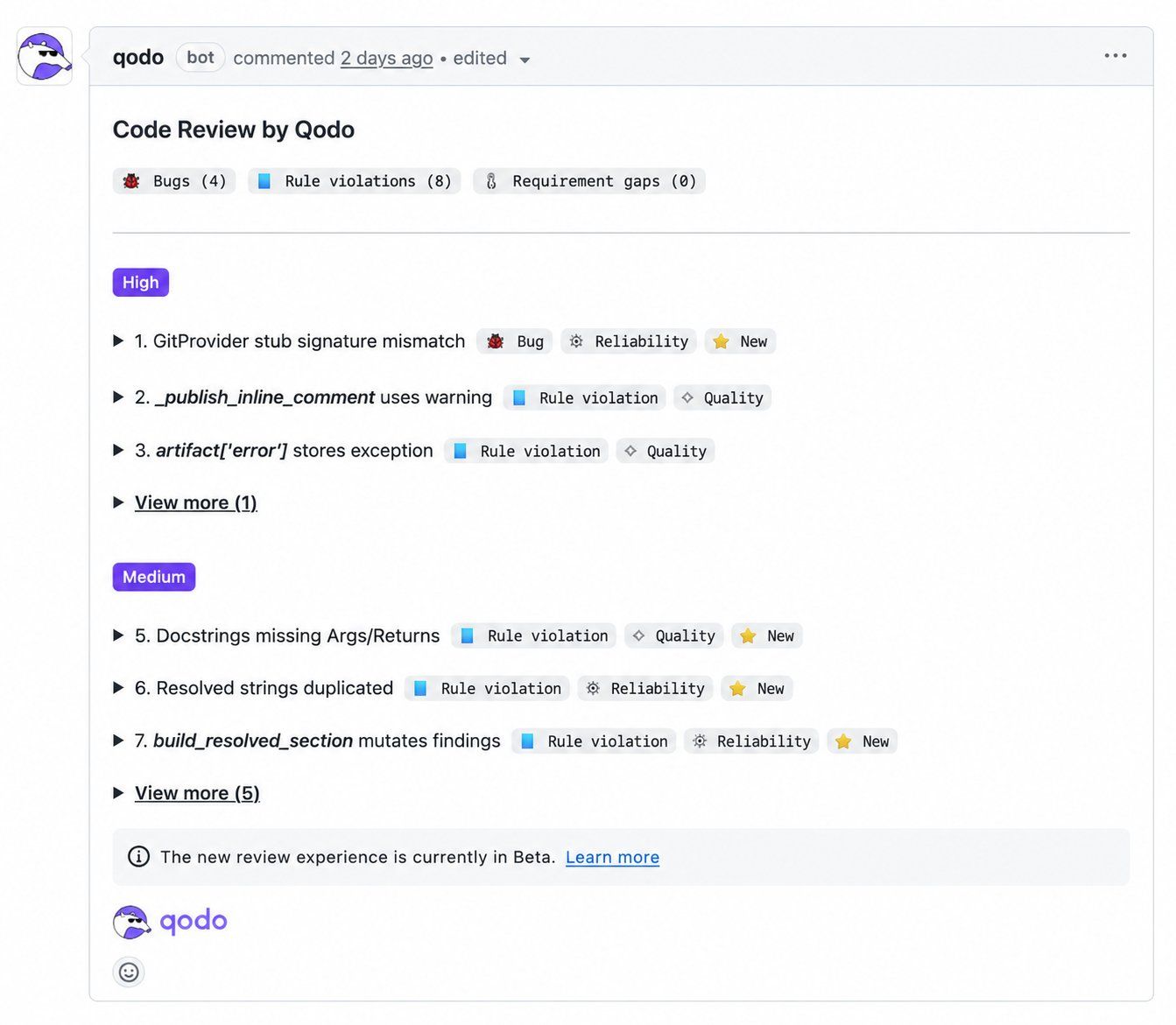 A Qodo AI code review screenshot showing findings and inline suggestions on a pull request