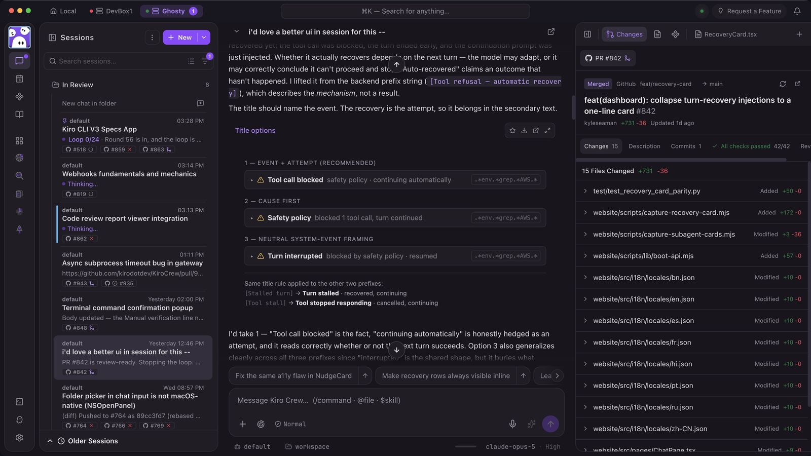 Kiro Crew workspace showing agent sessions in a sidebar, an active coding-agent conversation, and a merged GitHub pull request panel