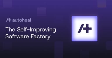 Autoheal branding card reading 'The Self-Improving Software Factory' beside the company's logo on a purple grid background