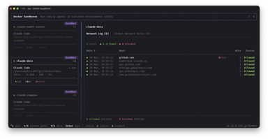 The Docker Sandboxes agent workspace showing an isolated cloud development environment