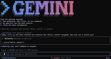 Screenshot of the Gemini CLI terminal interface showing the GEMINI banner, a prompt asking for a Python hello-world program, and the agent's WriteFile tool call