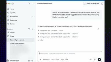 Still from GitHub's official demo video: the GitHub Copilot app running a 'Submit flight expense' session, with Computer Use tool calls listing apps and reading Safari window state
