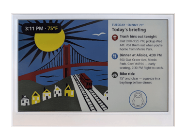 Seeed reTerminal E1002 color e-ink display showing a Muse morning briefing, one of the example Muse Gadgets builds