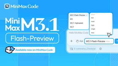 MiniMax's official launch graphic for M3.1-Flash-Preview showing the model picker inside MiniMax Code