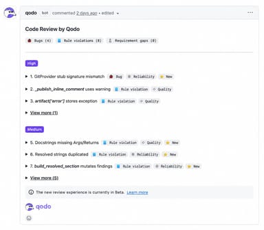 A Qodo AI code review screenshot showing findings and inline suggestions on a pull request
