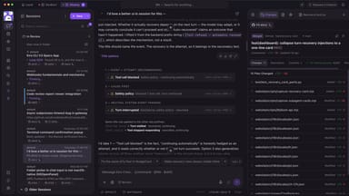 Kiro Crew workspace showing agent sessions in a sidebar, an active coding-agent conversation, and a merged GitHub pull request panel